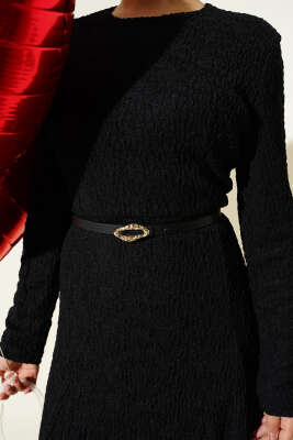 Kemerli Büzgü Dantelli Elbise Siyah - Thumbnail