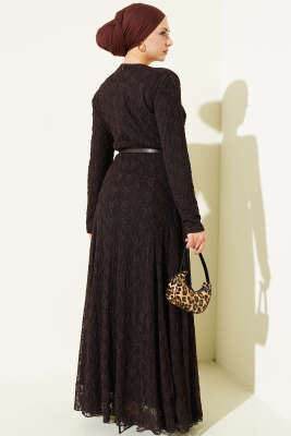 Kemerli Büzgü Dantelli Elbise Kahve - Thumbnail