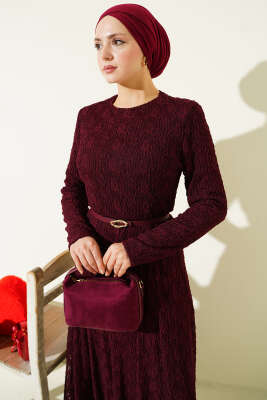 Kemerli Büzgü Dantelli Elbise Bordo - Thumbnail