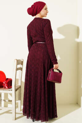 Kemerli Büzgü Dantelli Elbise Bordo - Thumbnail