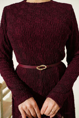 Kemerli Büzgü Dantelli Elbise Bordo - Thumbnail