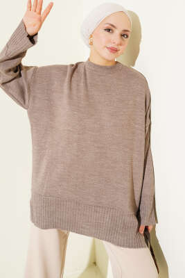 Yanı Yırtmaçlı Oversize Triko Tunik Vizon - Thumbnail