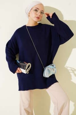 Yanı Yırtmaçlı Oversize Triko Tunik Lacivert - Thumbnail