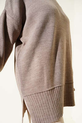 Yanı Yırtmaçlı Oversize Triko Tunik Vizon - Thumbnail