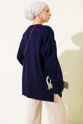 Yanı Yırtmaçlı Oversize Triko Tunik Lacivert - Thumbnail