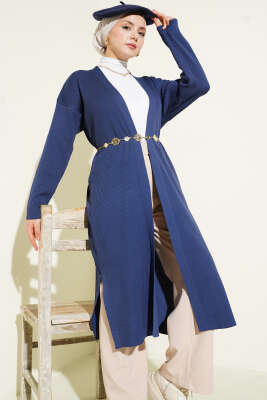 İnce Fitilli Triko Uzun Hırka İndigo - Thumbnail