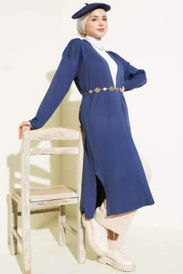 İnce Fitilli Triko Uzun Hırka İndigo - Thumbnail