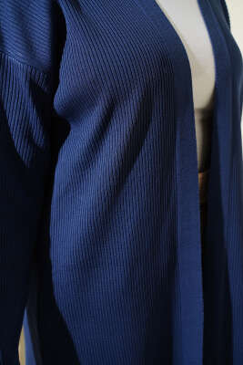 İnce Fitilli Triko Uzun Hırka İndigo - Thumbnail