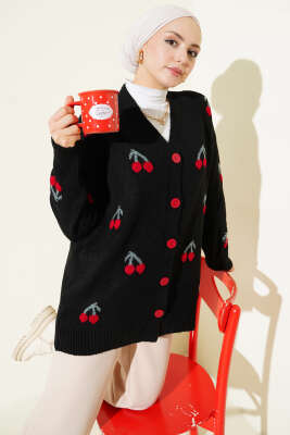 Pazarium - Kiraz Desenli Düğmeli Triko Hırka Siyah