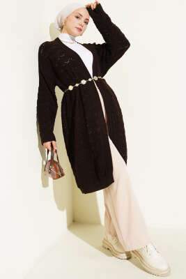 Örgü Desen Detaylı Triko Hırka Acı Kahve - Thumbnail