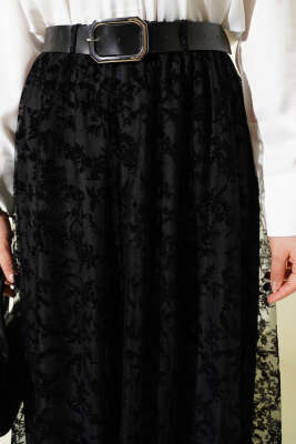 Kemerli Çiçek Tüllü Kloş Etek Siyah - Thumbnail