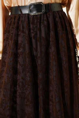 Kemerli Çiçek Tüllü Kloş Etek Kahve - Thumbnail