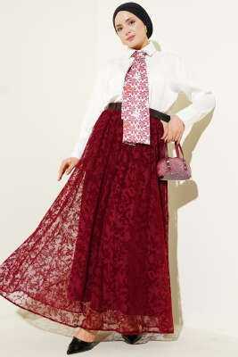 Kemerli Çiçek Tüllü Kloş Etek Bordo - Thumbnail