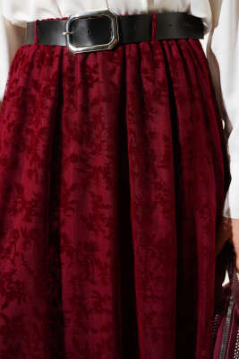 Kemerli Çiçek Tüllü Kloş Etek Bordo - Thumbnail