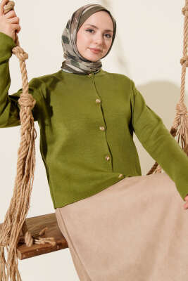 Gold Düğme Detaylı Kısa Triko Hırka Yağ Yeşili - Thumbnail