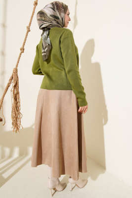 Gold Düğme Detaylı Kısa Triko Hırka Yağ Yeşili - Thumbnail