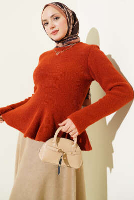 Pazarium - Volanlı Yumoş Triko Kazak Kiremit