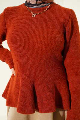 Volanlı Yumoş Triko Kazak Kiremit - Thumbnail