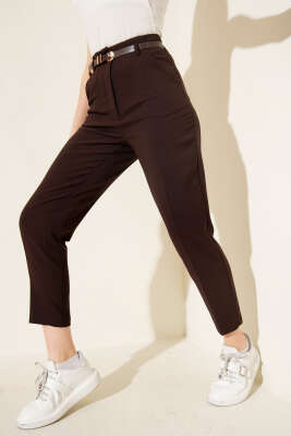 Kemerli Dar Paça Kumaş Pantolon Kahve - Thumbnail