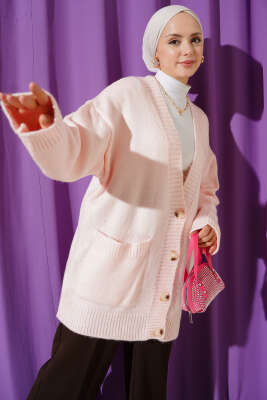 Pazarium - Çift Cepli Düğmeli Triko Hırka Pembe