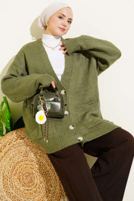 Pazarium - Çift Cepli Düğmeli Triko Hırka Çağla Yeşili