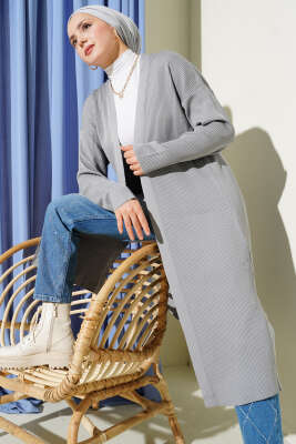 İnce Fitilli Triko Uzun Hırka Kayrak Grisi - Thumbnail