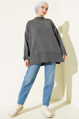 Yanı Yırtmaçlı Oversize Triko Tunik Füme - Thumbnail