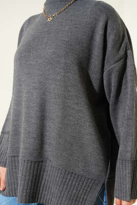 Yanı Yırtmaçlı Oversize Triko Tunik Füme - Thumbnail