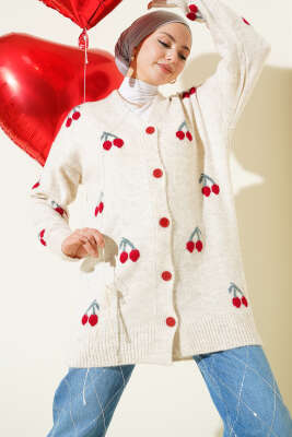 Kiraz Desenli Düğmeli Triko Hırka Bej - Thumbnail