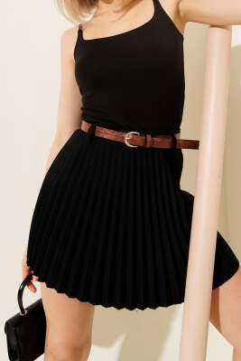 Pliseli Kemerli Mini Etek Siyah - Thumbnail