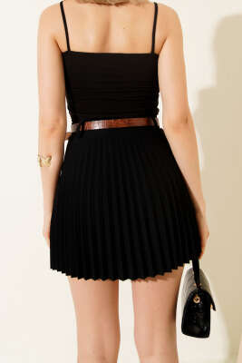 Pliseli Kemerli Mini Etek Siyah - Thumbnail