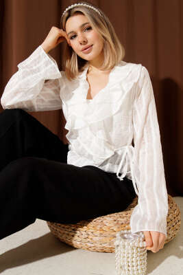 Fırfırlı Transparan Bluz Ekru - Thumbnail