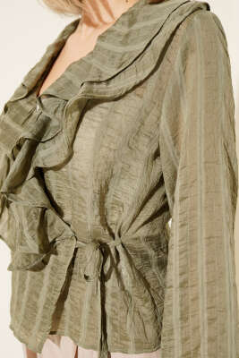 Fırfırlı Transparan Bluz Haki - Thumbnail