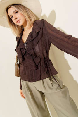 Pazarium - Fırfırlı Transparan Bluz Kahve