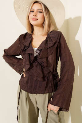 Fırfırlı Transparan Bluz Kahve - Thumbnail