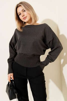 Kayık Yaka Salaş Triko Bluz Füme - Thumbnail