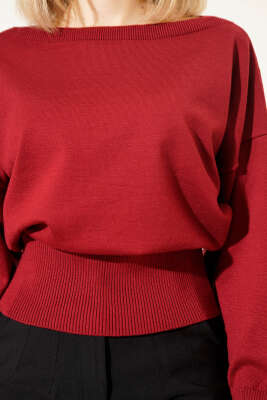 Kayık Yaka Salaş Triko Bluz Bordo - Thumbnail