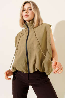 Beli Lastikli Fermuarlı Yelek Haki - Thumbnail