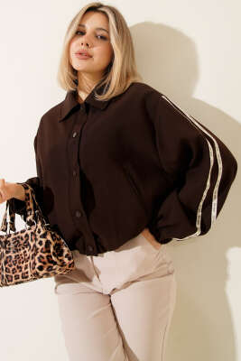 Kol Şeritli Çıtçıtlı Ceket Kahve - Thumbnail