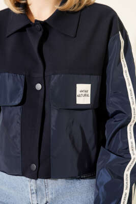 Cepli Şerit Yazılı Ceket Lacivert - Thumbnail