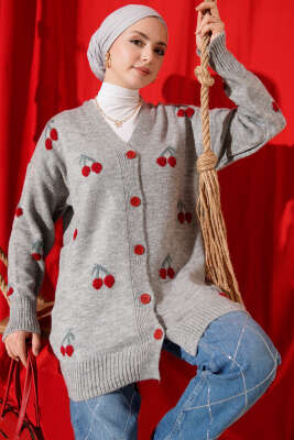 Pazarium - Kiraz Desenli Düğmeli Triko Hırka Gri