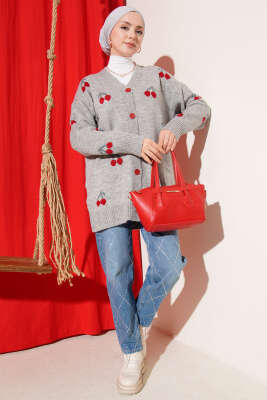 Kiraz Desenli Düğmeli Triko Hırka Gri - Thumbnail