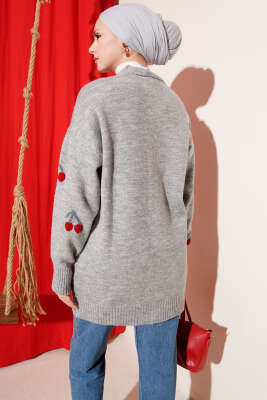 Kiraz Desenli Düğmeli Triko Hırka Gri - Thumbnail