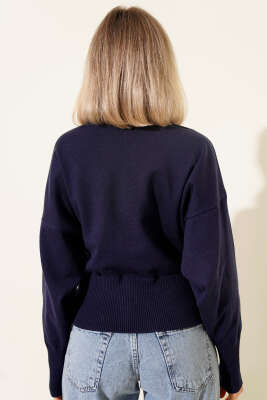Kayık Yaka Salaş Triko Bluz Lacivert - Thumbnail