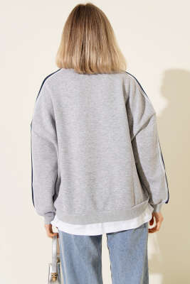 Leopar Figürlü Üç İplik Sweatshirt Gri - Thumbnail