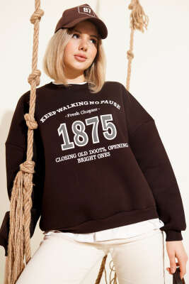1875 Yazılı Oversize Üç İplik Sweatshirt Kahve - Thumbnail