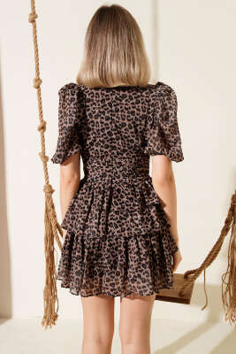 Fırfırlı V Yaka Mini Şifon Elbise Leopar - Thumbnail