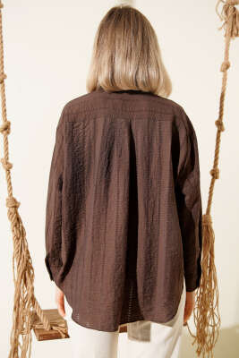 Şerit Brodeli Oversize Basic Gömlek Kahve - Thumbnail