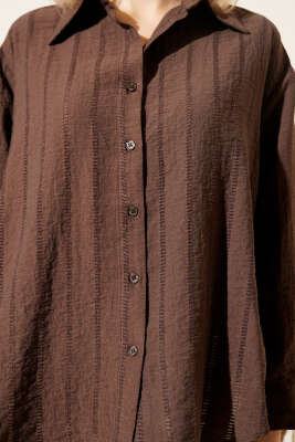 Şerit Brodeli Oversize Basic Gömlek Kahve - Thumbnail