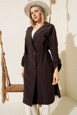 Kruvaze Yaka Beli Büzgülü Düğmeli Trençkot Kahve - Thumbnail